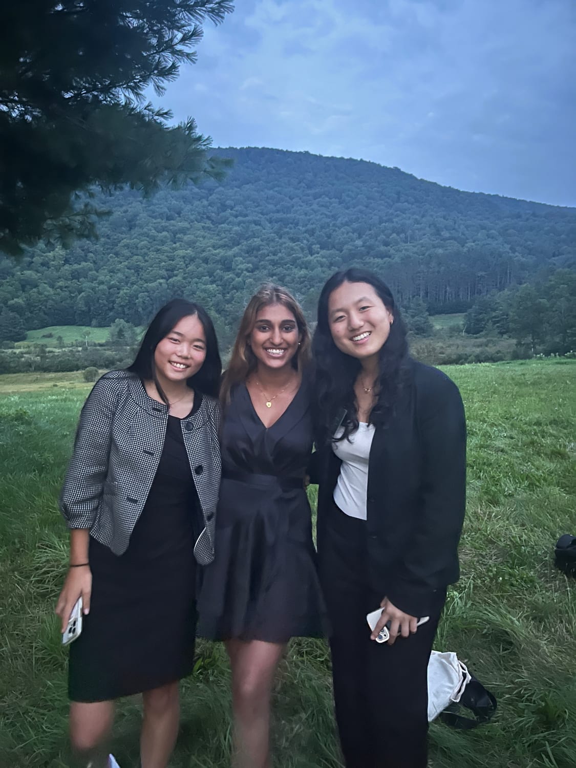 Ava with two fellow Senators in formalwear standing in a meadow at dusk, a forested Vermont hillside rising behind them.