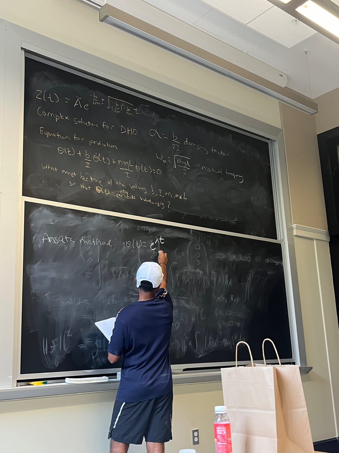 A classmate at a chalkboard working through the damped harmonic oscillator — the complex solution, the damping factor, natural frequency, and the ansatz method for a pendulum.