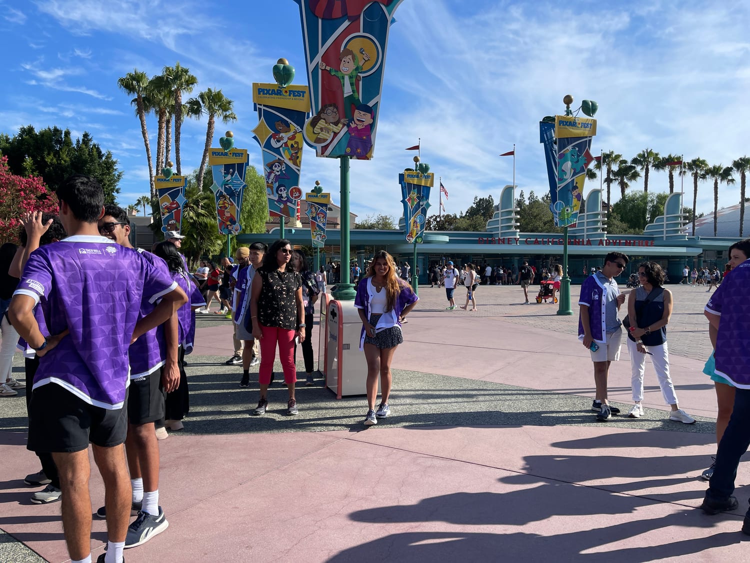Participants in purple jerseys gathered under Pixar Fest banners at the entrance to Disney California Adventure.