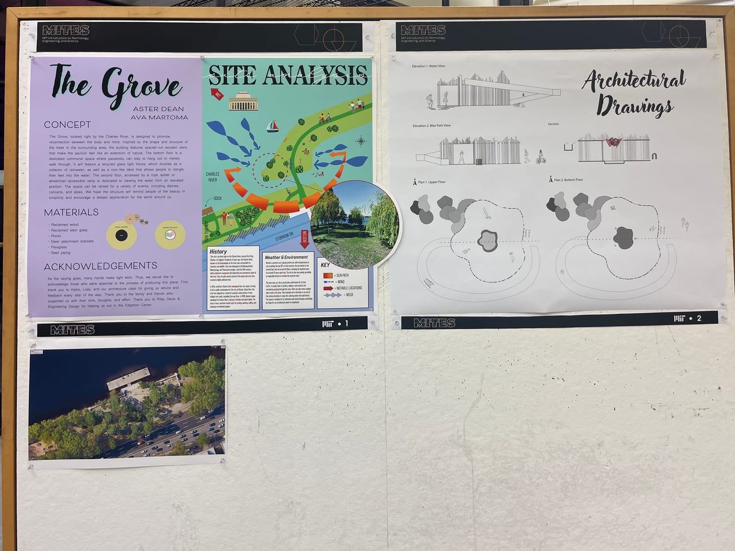The two presentation boards — “The Grove” with the concept, materials, and site analysis on the left, and the architectural drawings on the right.