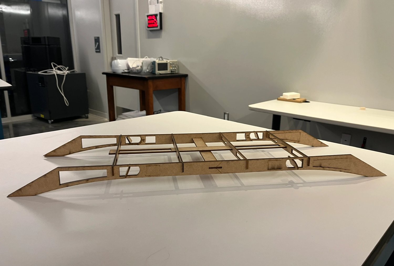 The final bridge, laser-cut from MDF and assembled.
