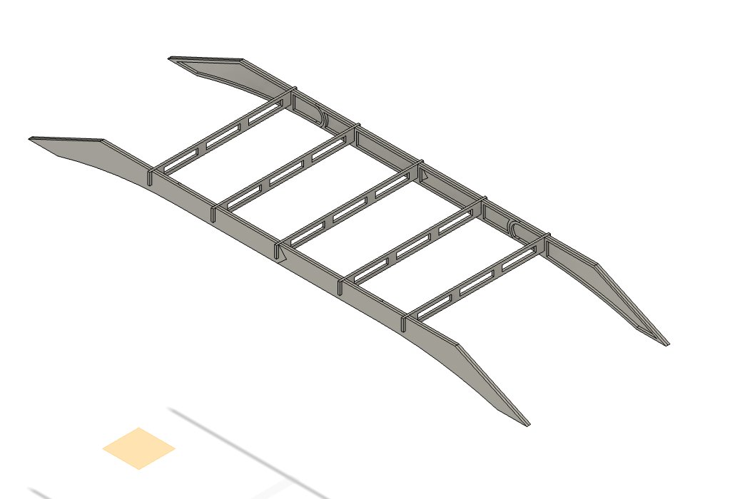 The bridge modeled in Fusion 360 — an arched deck with cross-beams and ramped ends.