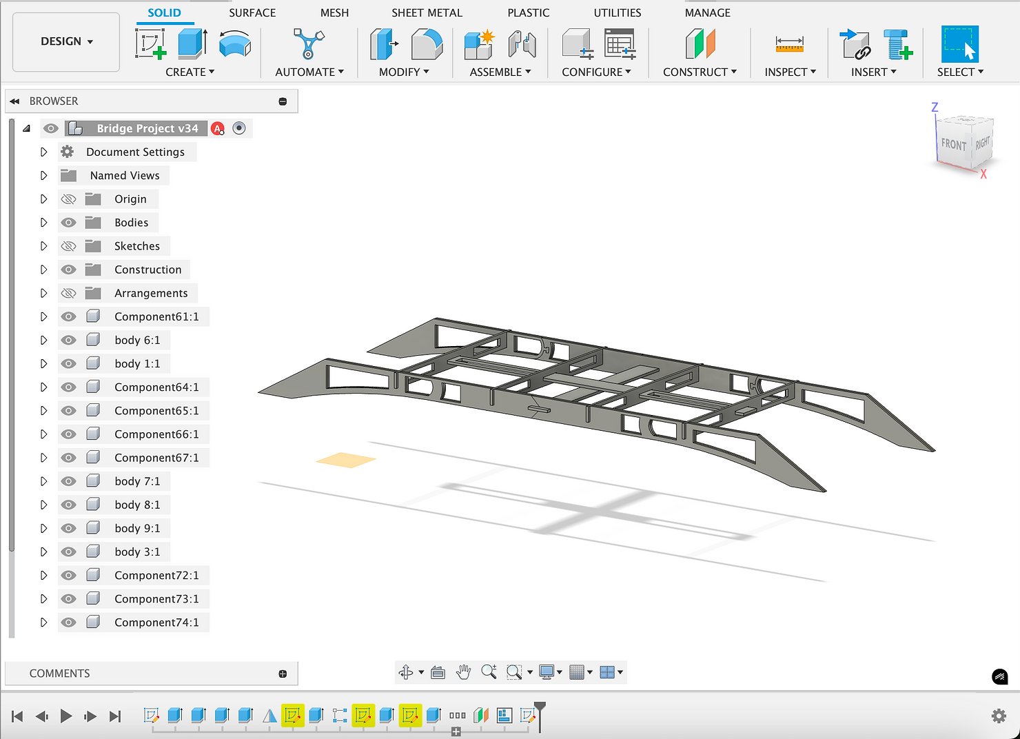 Deep into iteration — the Fusion file reached v34 as we trimmed material between stress tests.
