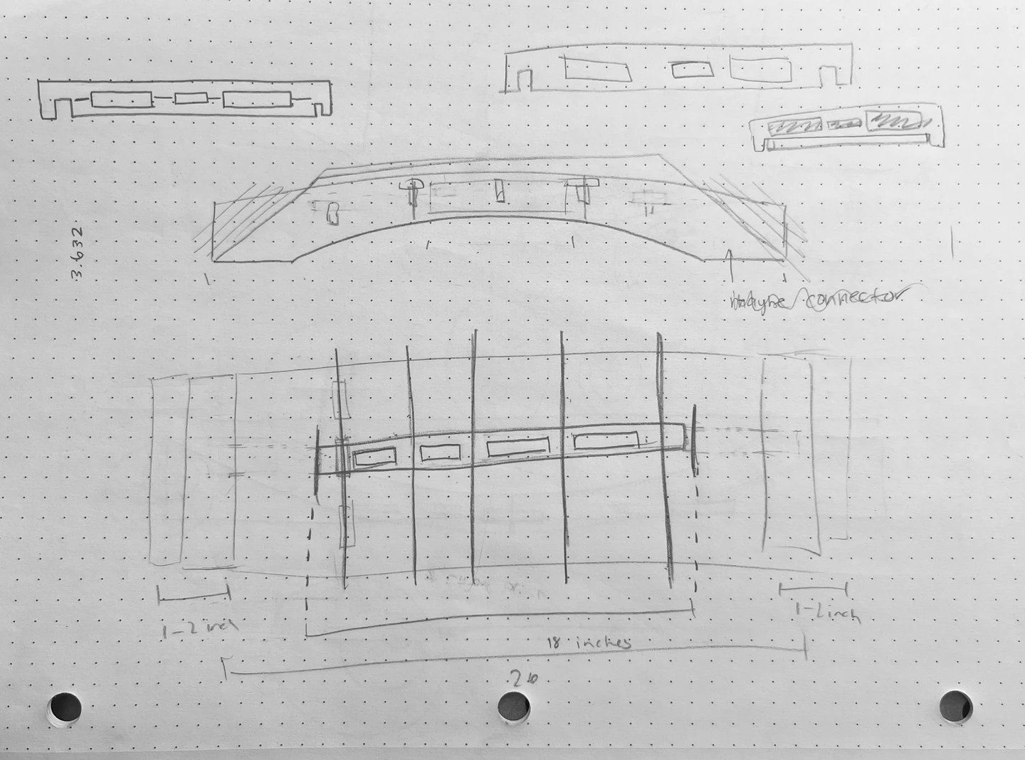 Early dot-notebook sketches — an arched deck to span the 26-inch gap and carry a cinder block, with the load fed into the strongest members.