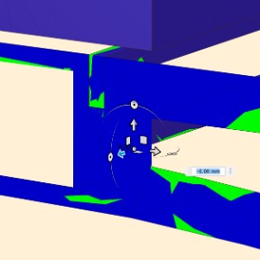 Fusion's Slice Plane view — a cross-section 'CAT scan' through the bridge showing the internal stress distribution, green where the end cross pieces carry the load.