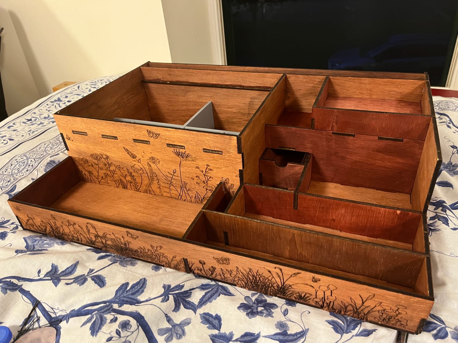 Emptied out: the stepped tiered compartments, the 3D-printed insert, the secret drawer and the sliding trays, all fitting within the footprint of my client's dresser drawer.