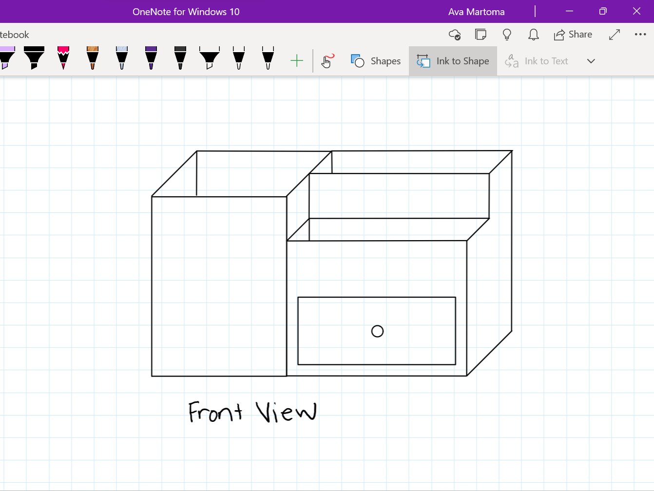The initial concept sketch, drawn in OneNote — a front view of the two bays and the drawer.