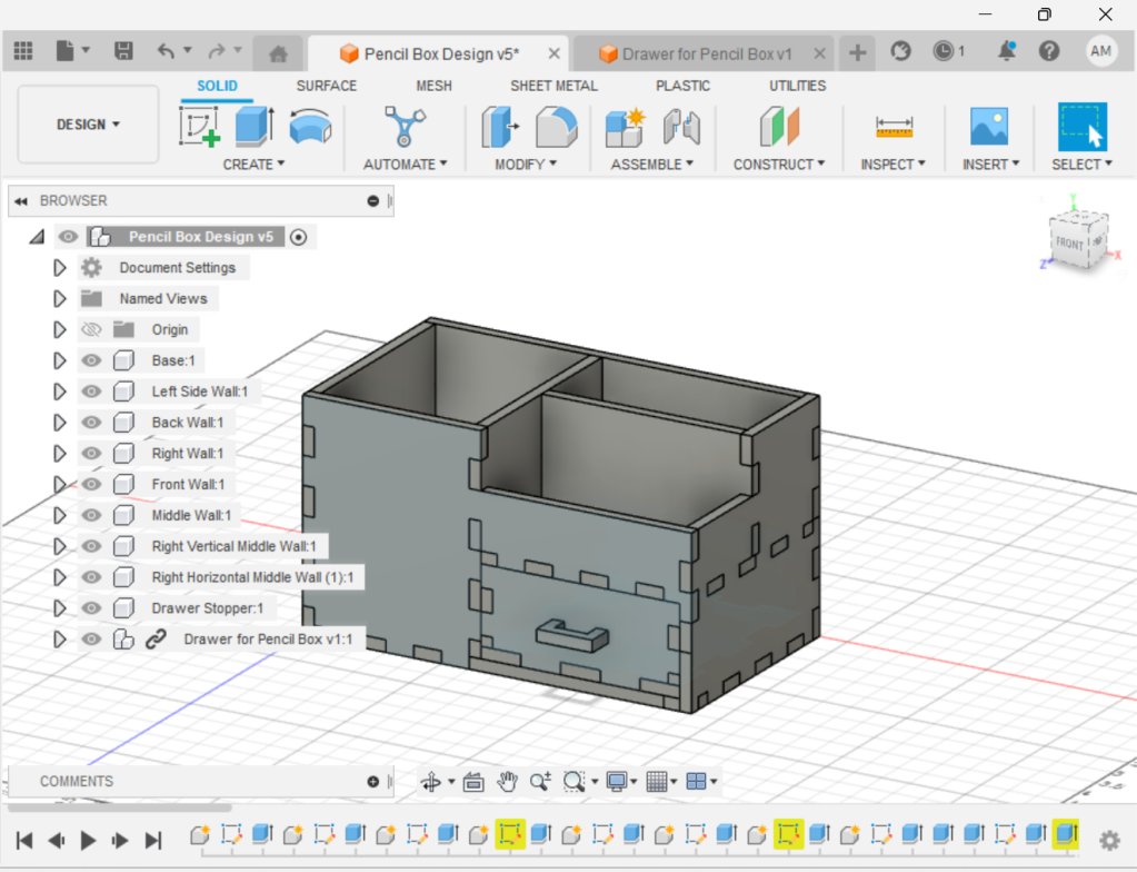 The Fusion 360 model — every wall and finger-joint parameterized, with the drawer and its stopper as separate components.