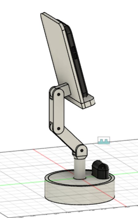 The finished phone-stand model, back three-quarter view — the jointed arm, swivel base, and AirPods slot.