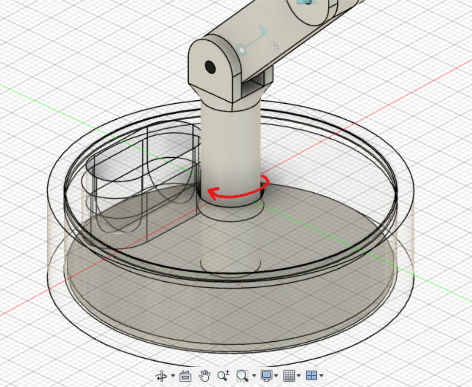 The base shown transparent: the internal disk (red arrow) that lets the whole stand swivel 360°.