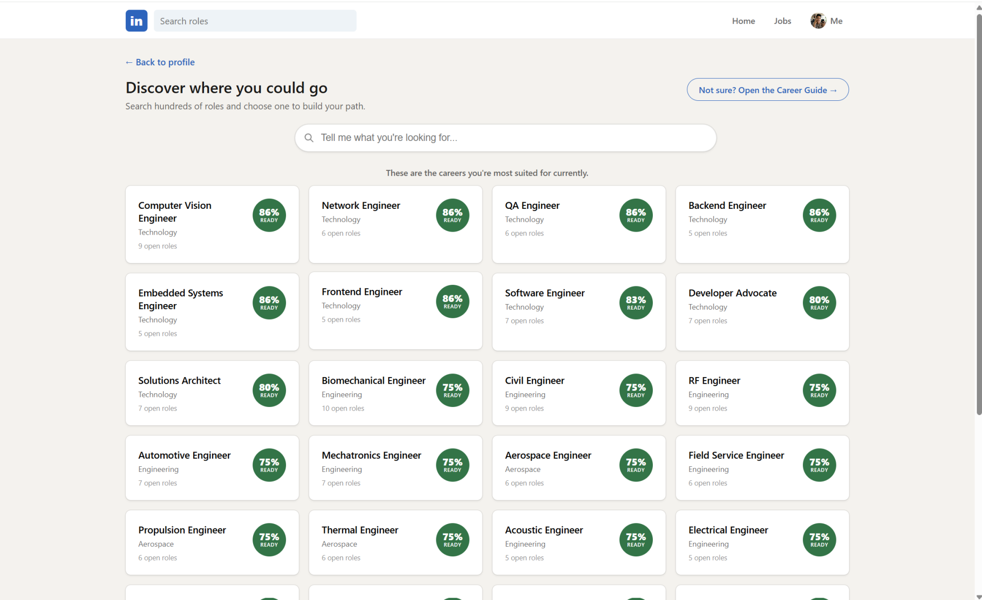 Explore — "Discover where you could go": search hundreds of roles, each scored with a readiness % against your profile.