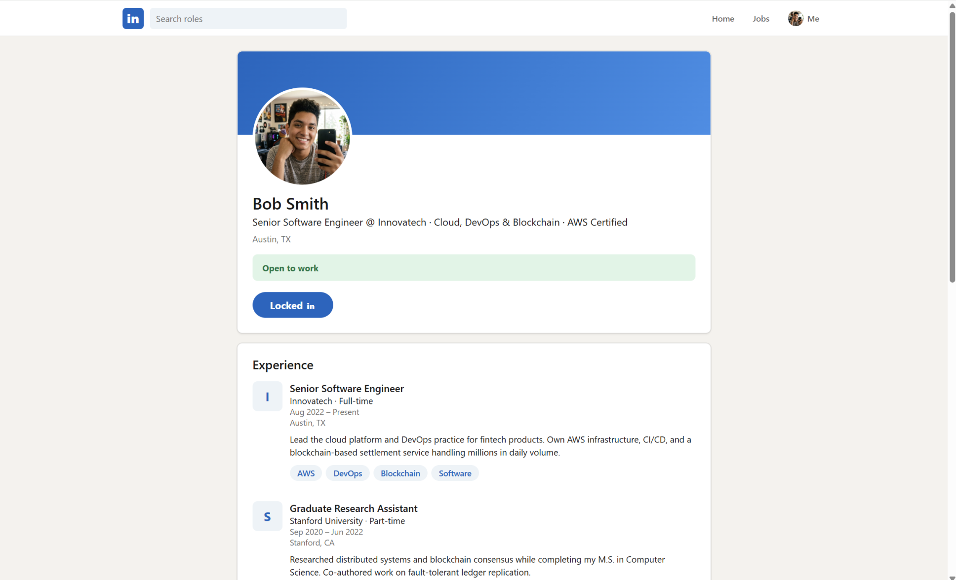 The entry point: a LinkedIn-style profile with a persistent Locked[IN] button that kicks off the discovery flow.