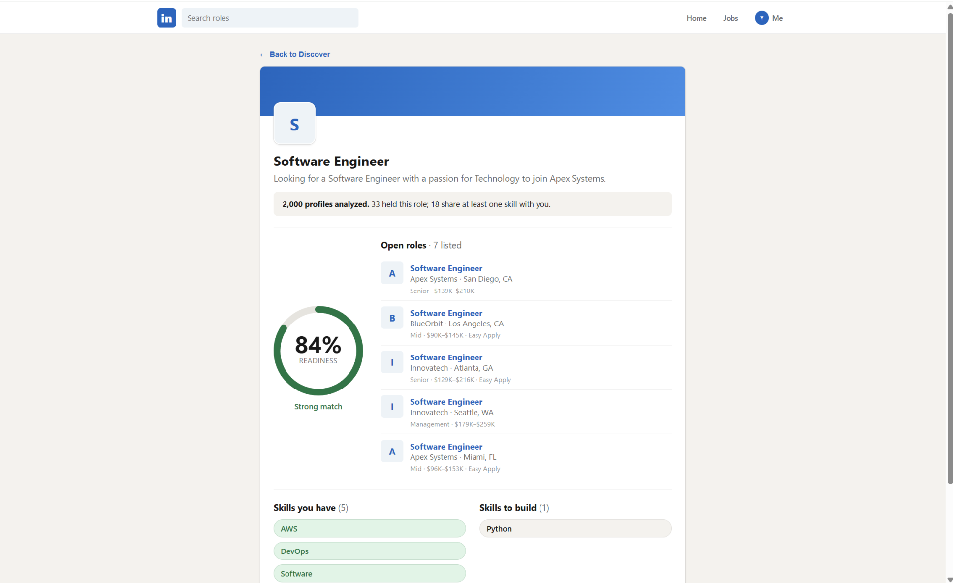 Comparison — a role deep-dive: readiness ring, live open roles, and a clean split of the skills you already have versus the ones to build.