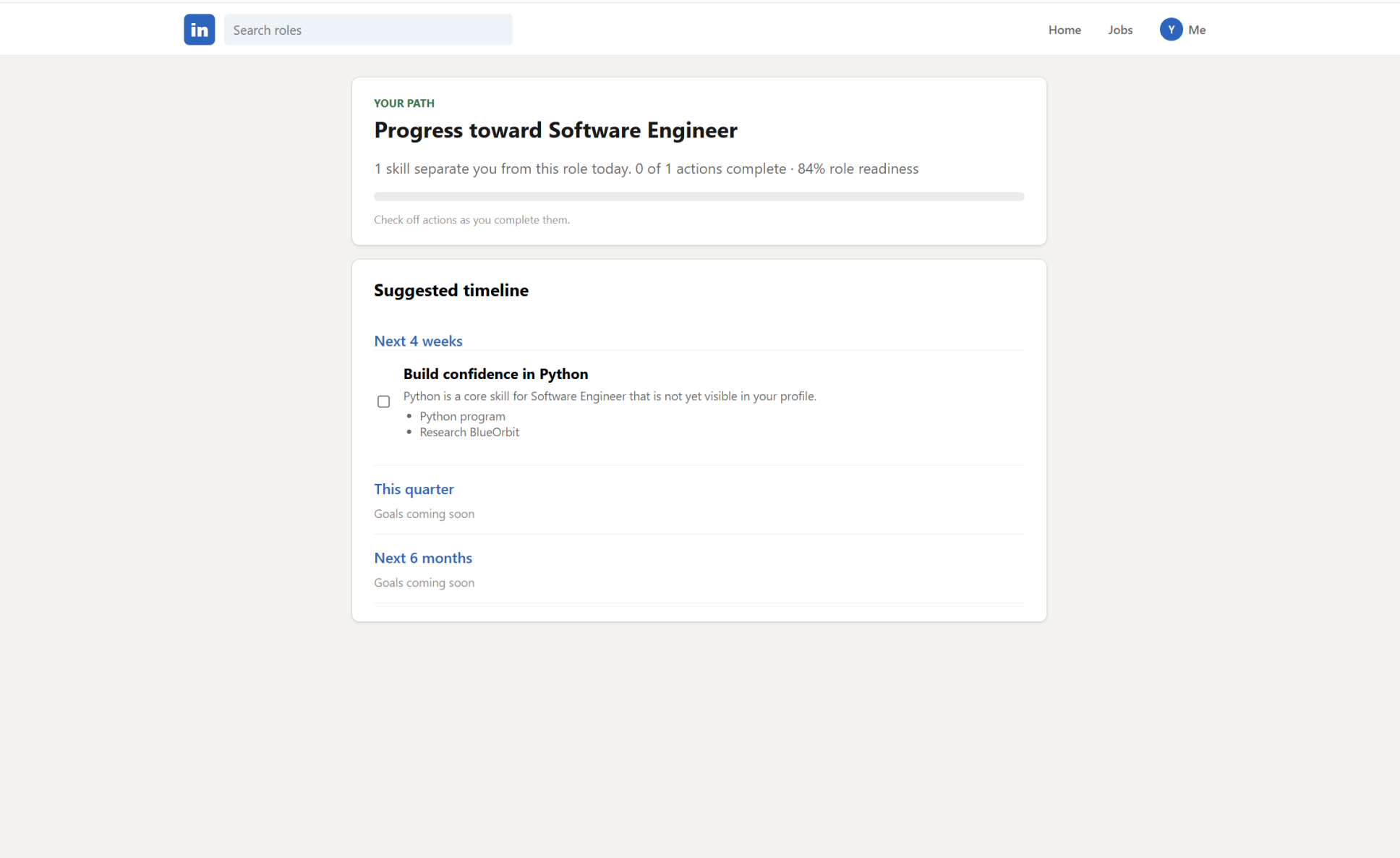 Your Path — a milestone plan that turns the skill gap into concrete, checkable actions on a suggested timeline.