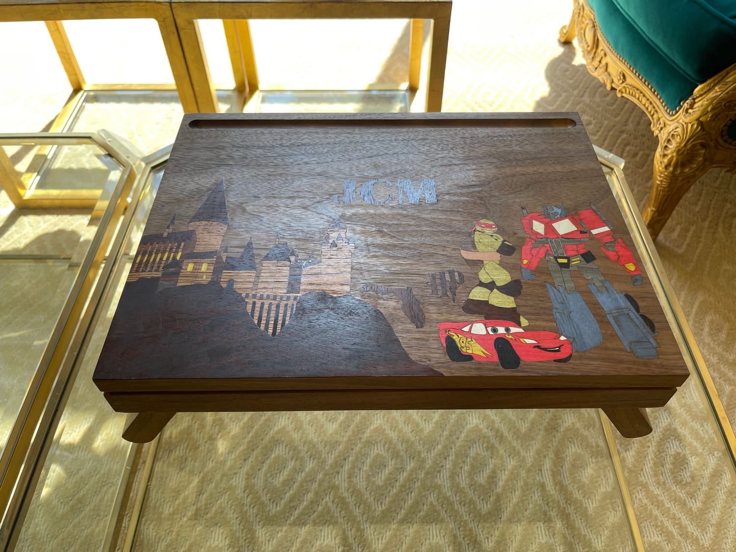 The desk set up on its legs, seen from above at an angle.