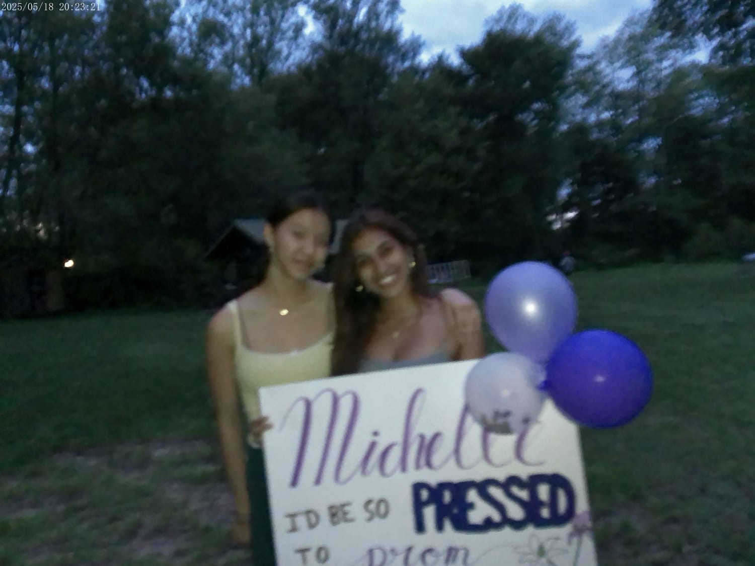 Handing over the finished press as a promposal at dusk, with balloons and a hand-lettered sign playing on 'so PRESSED to prom.'