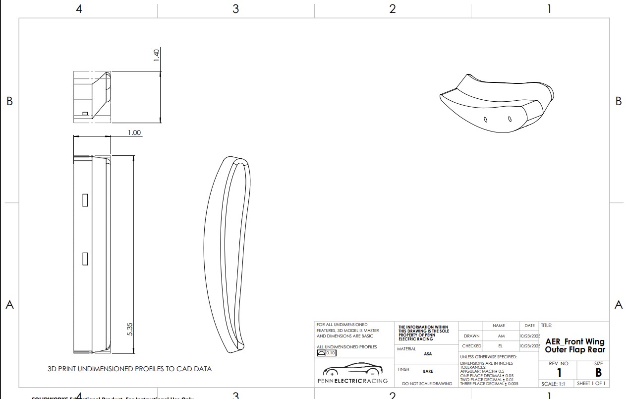 SolidWorks production drawing of the front wing outer flap (rear), a curved aero element to be 3D printed in ASA — orthographic and isometric views with a Penn Electric Racing title block.