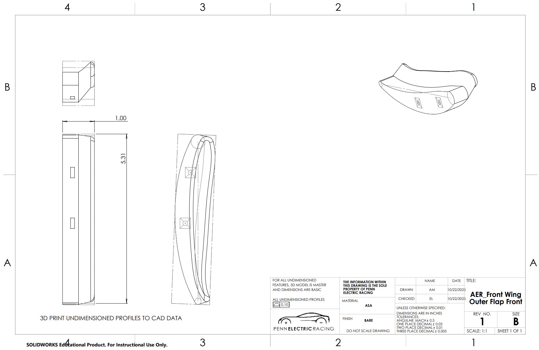 SolidWorks production drawing of the front wing outer flap (front), showing the profile and mounting bosses, to be 3D printed in ASA.