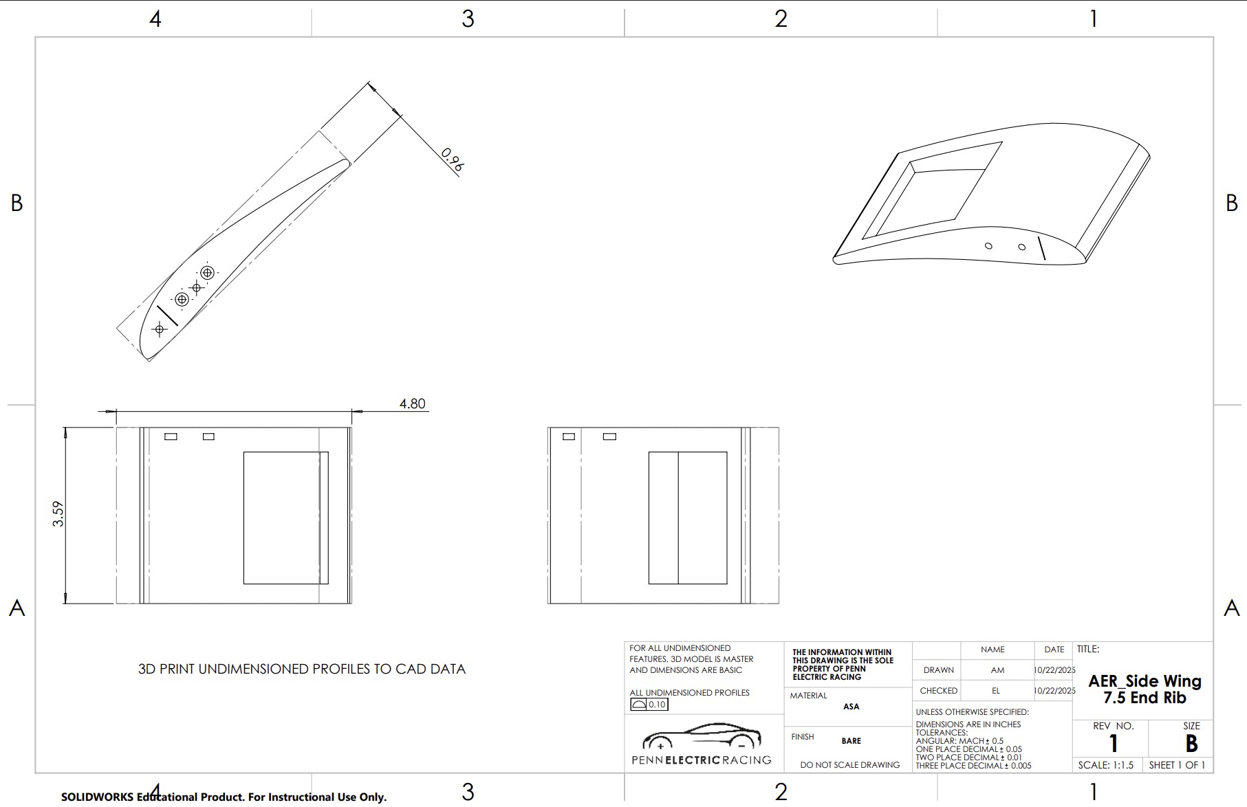 SolidWorks production drawing of the side wing end rib, a curved panel with a cut-out window, to be 3D printed in ASA.