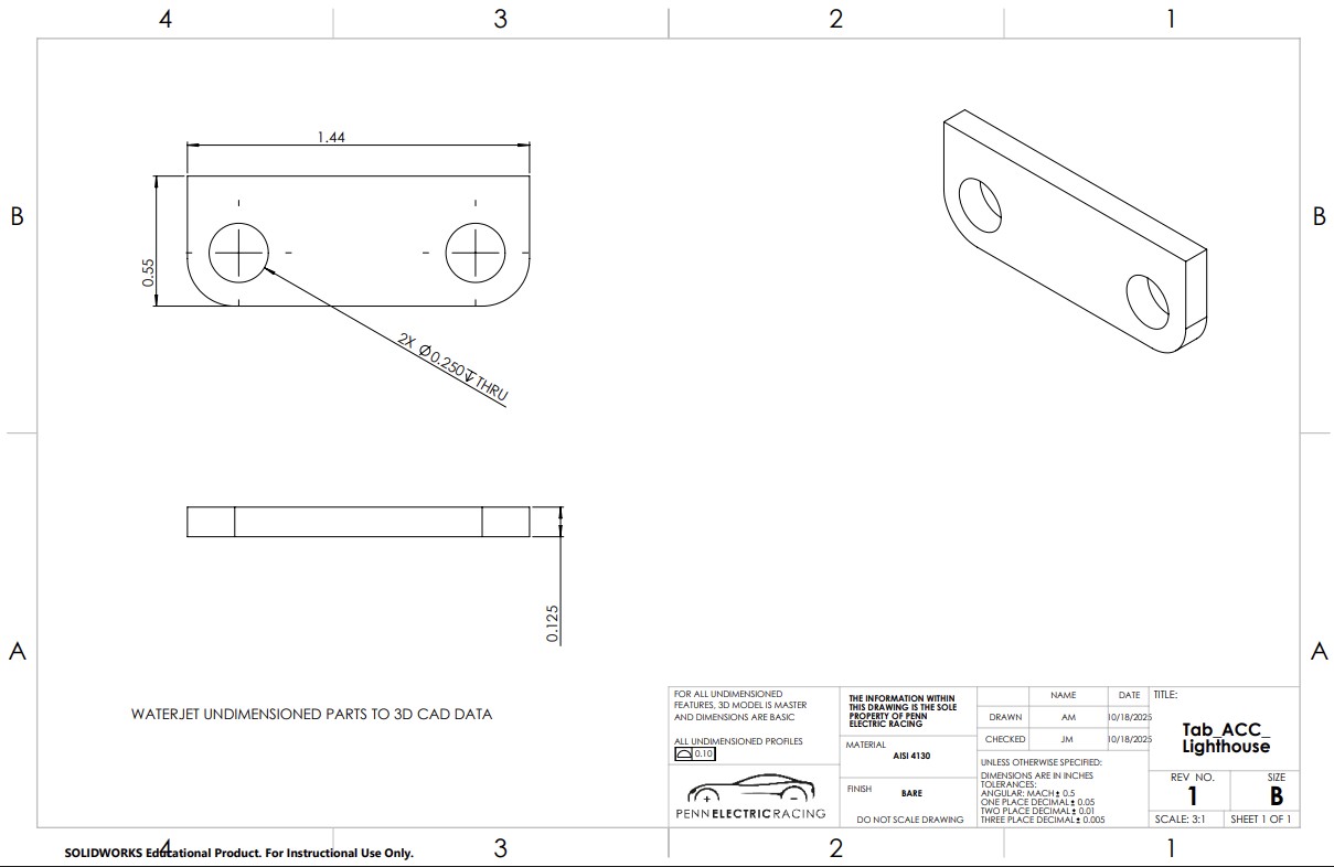 SolidWorks production drawing of a two-hole mounting tab in AISI 4130 steel, dimensioned for waterjet cutting from flat stock.
