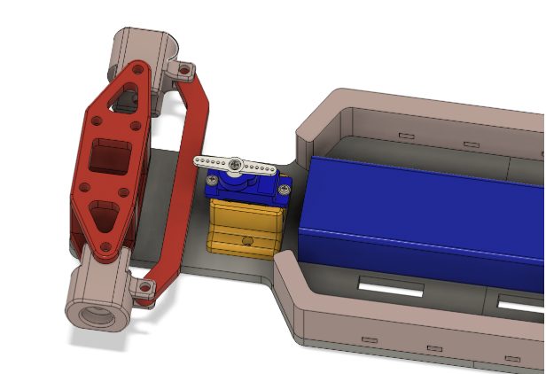 Fusion 360 model of the front corner: the red steering upright and arm, the servo on its mount, and the chassis tub holding the battery.