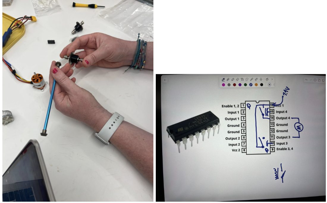 Bench work — checking the small brushless motor and its pinion gear beside my hand-sketched L293D motor-driver pinout.
