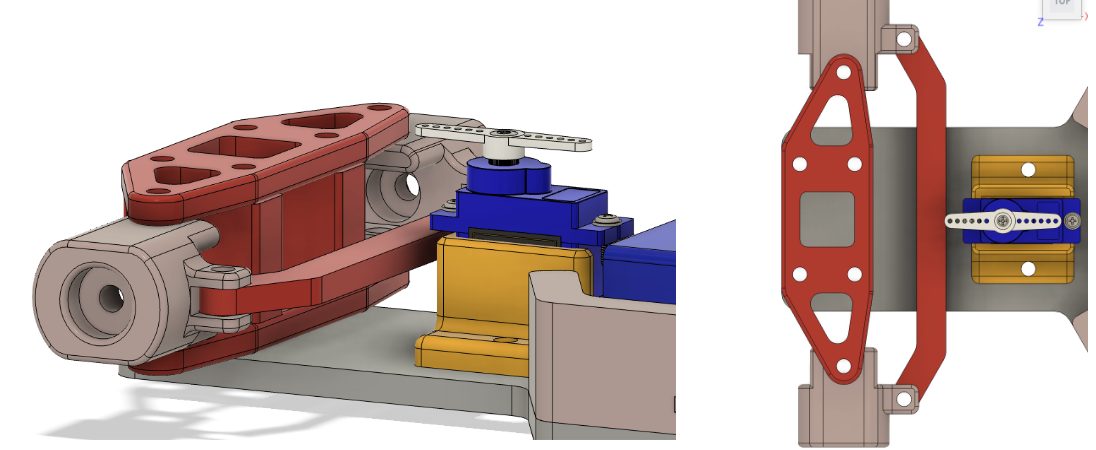 Fusion 360 views of the steering linkage — the upright and servo-horn arm in perspective and top-down.