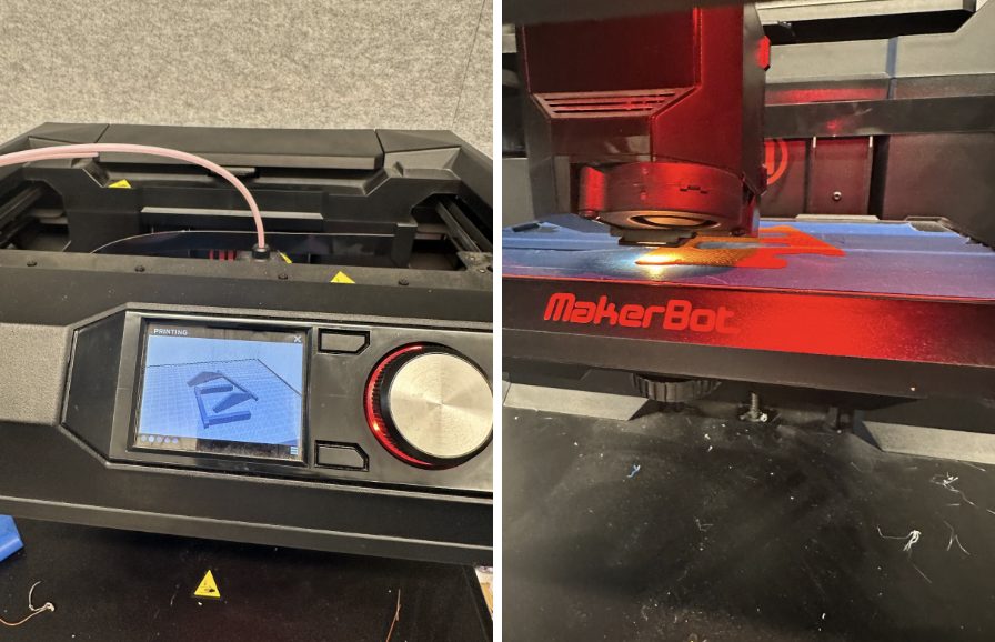 3D-printing parts on the MakerBot — the print running on the bed and a close-up of the extruder head.