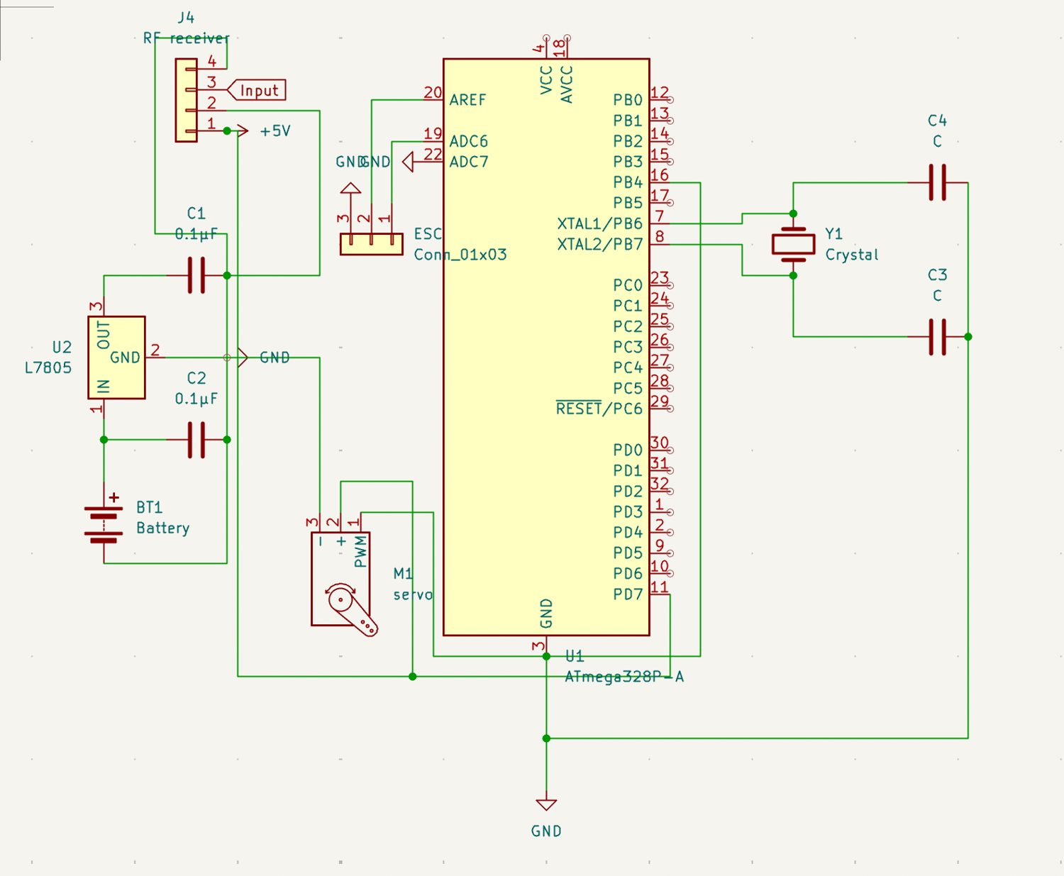 The full KiCad schematic — ATmega328P, L7805 regulator, RF receiver, ESC and servo headers, and the crystal.
