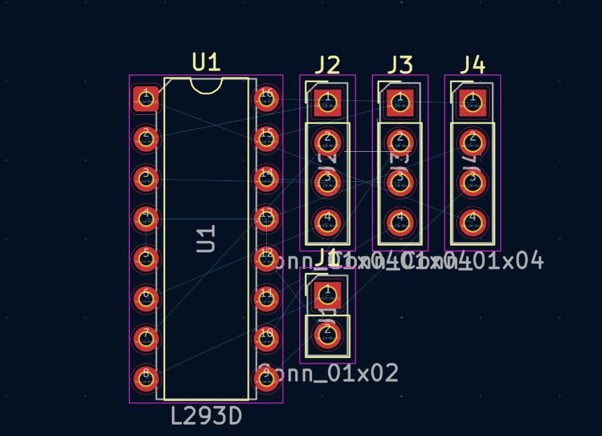 Placing footprints in the KiCad PCB editor — the L293D driver (U1) and the pin-header connectors.