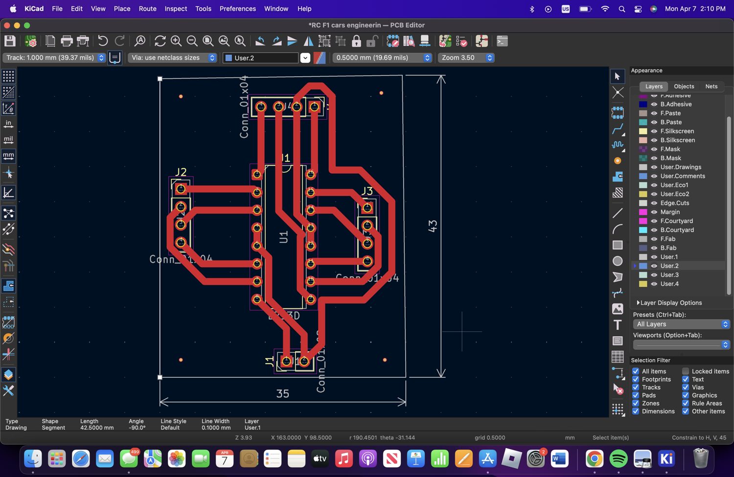 Routing the board in KiCad — copper traces laid out on the 35 × 43 mm PCB.