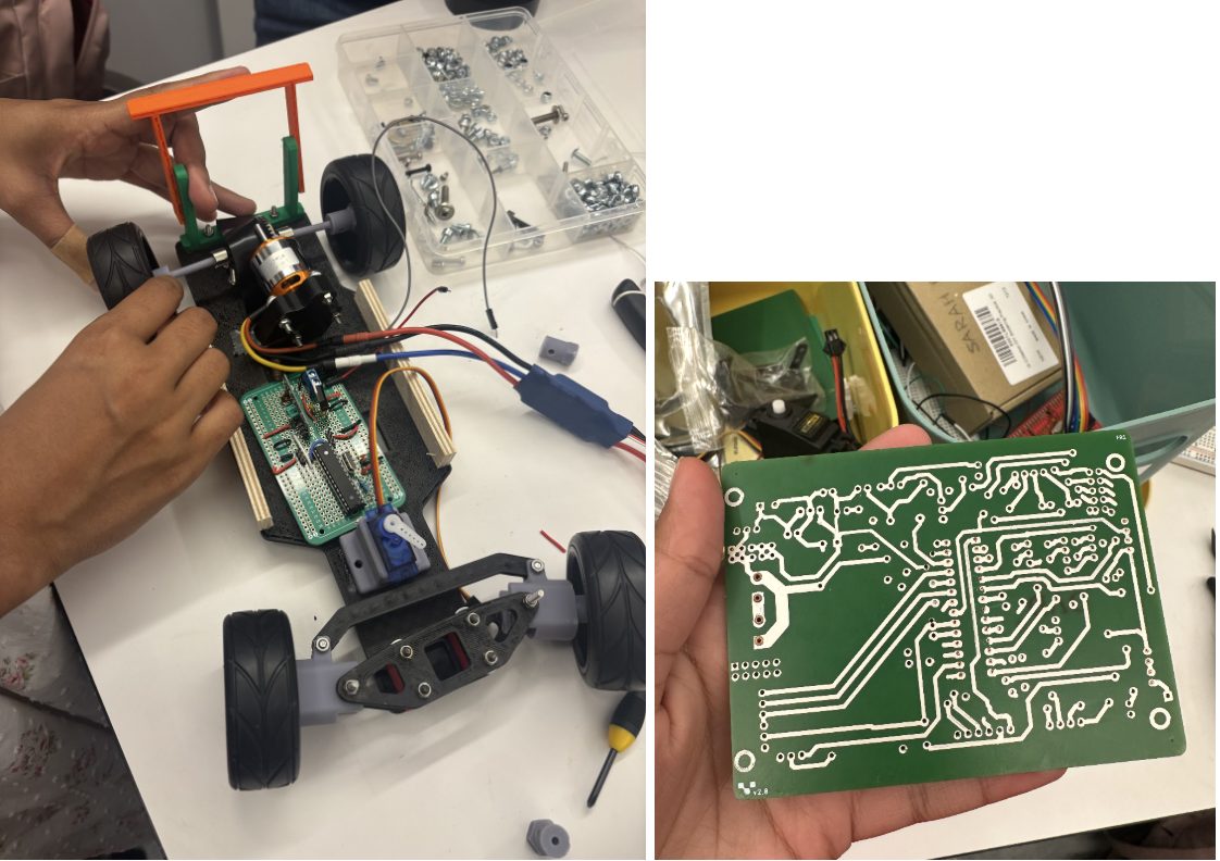 Near-final assembly — chassis, wheels, motor, ESC, and wiring in place (left); the finished etched PCB in hand (right).