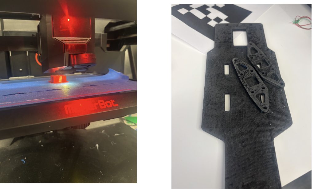 Printing a part on the MakerBot (left); the printed chassis plate with its two suspension arms (right).