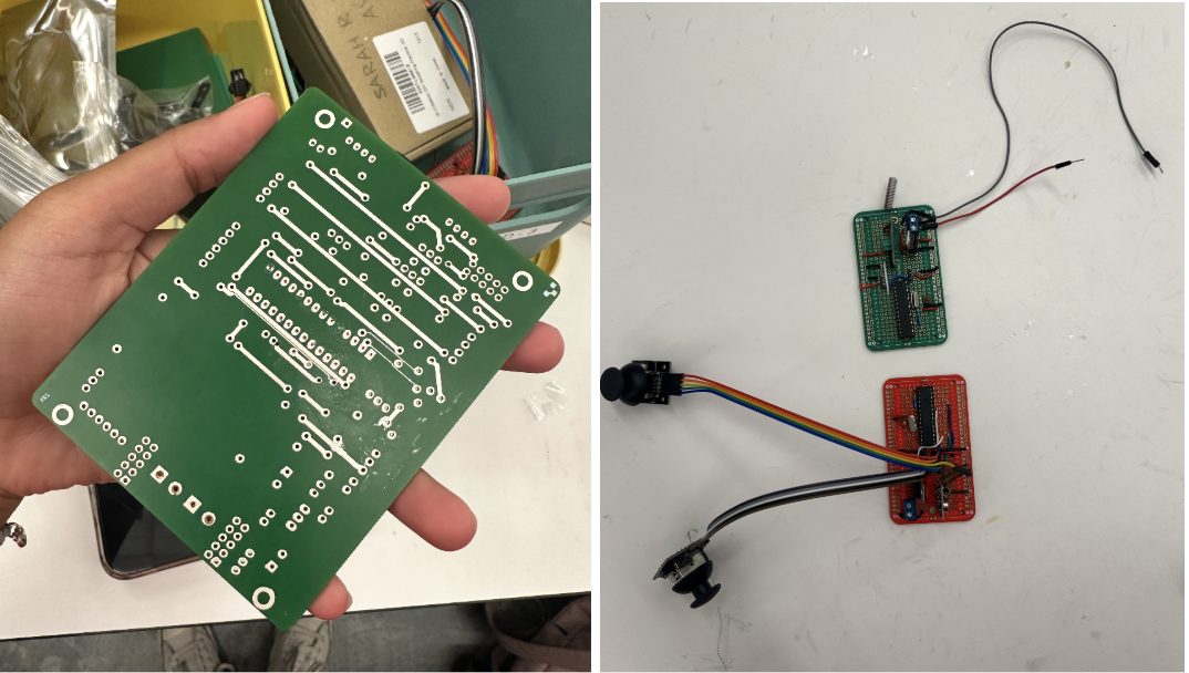 The drilled and etched PCB in hand (left) and the two soldered controller boards wired to a joystick (right).