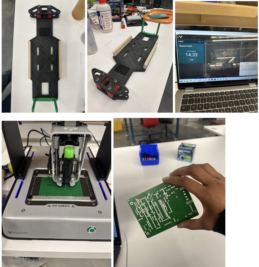 Printing our own PCB on the Voltera — the chassis and mounts, the Voltera measuring board height, conductive ink being printed, and the finished Voltera-printed board.