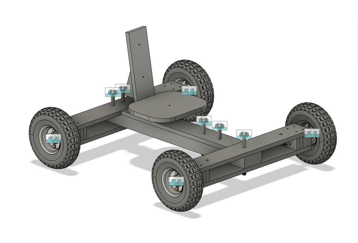 The car modeled in Fusion 360 — chassis, seat, seat-back, wheels, and all the hardware.